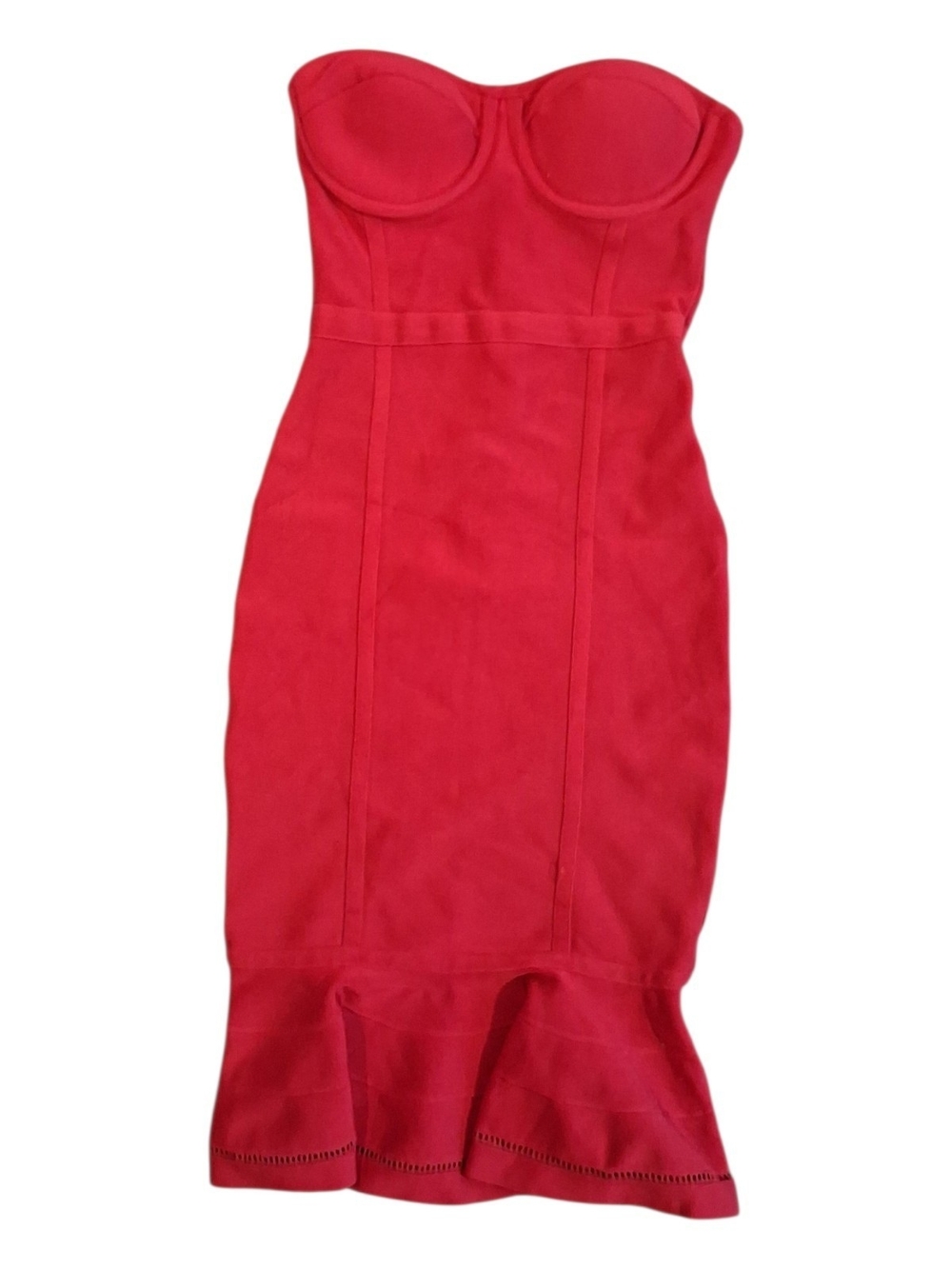 bebe Strapless Scarlet Sheath Dress with Flounce Hem